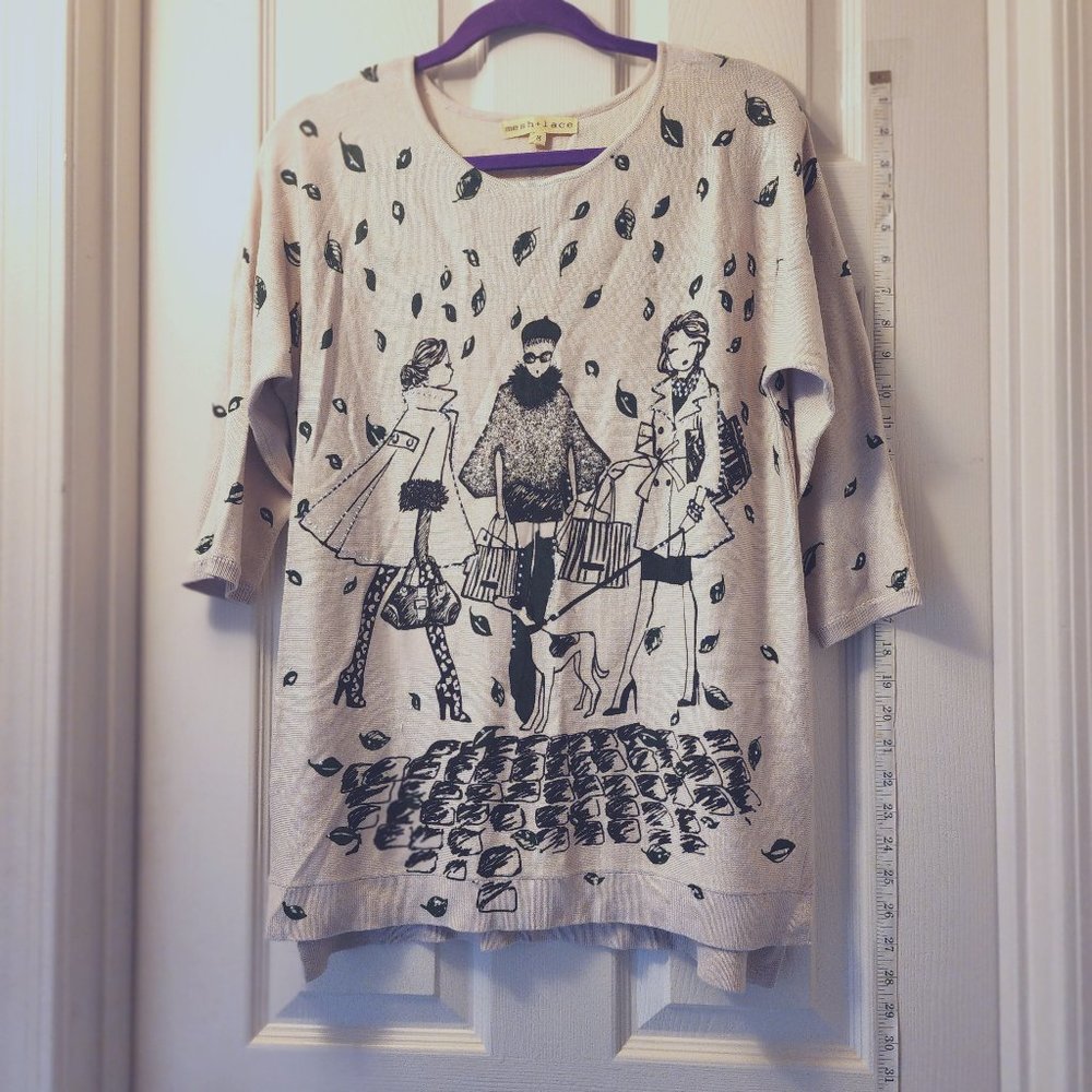 MESH + LACE  BLOUSE, TAN & BLACK, SIZE - M